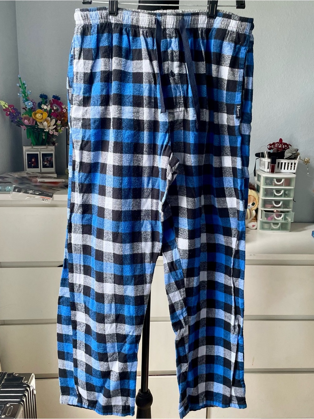Hanes Classic Blue Black Gray White Plaid Pajama Pants Men’s Size M-L